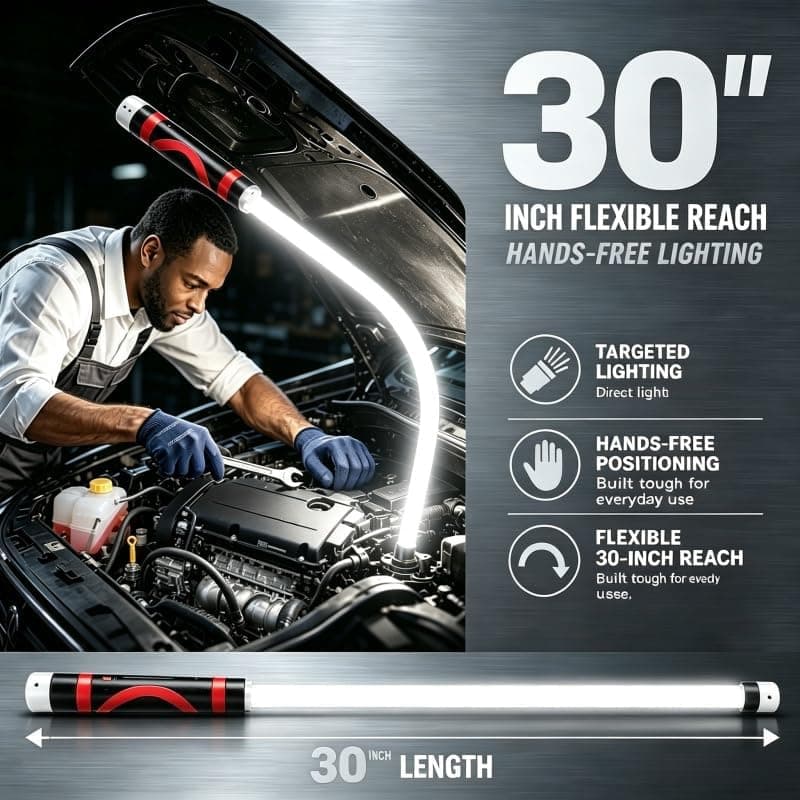 Flexible LED Flashlight Stick, 30" Bendable Mechanic Work Light, High-Lumen Rechargeable with 3 Brightness Modes