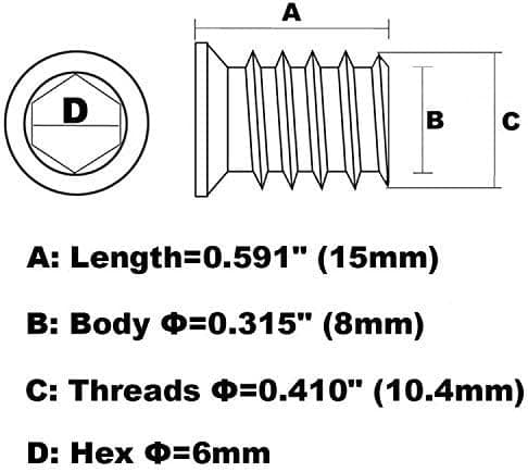 1/4"-20 Hex-Drive Threaded Inserts for Wood, 40-Pack with Hex Key