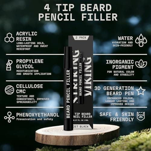 Beard Filler Pen and Bristle Brush Kit for Men, Jet Black, Waterproof - 2-Pack