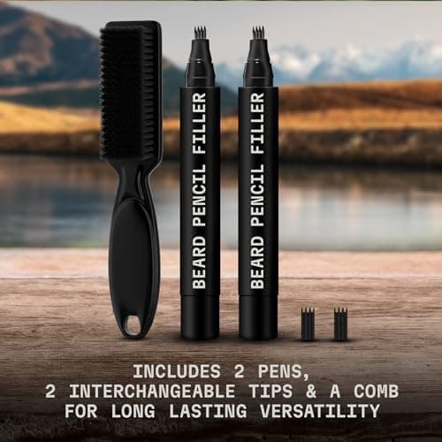 Beard Filler Pen and Bristle Brush Kit for Men, Jet Black, Waterproof - 2-Pack