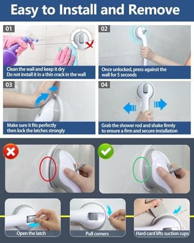 Suction Cup Shower Grab Bar for Seniors, Heavy-Duty Bathroom Safety Handle, No Drilling - 2-Pack