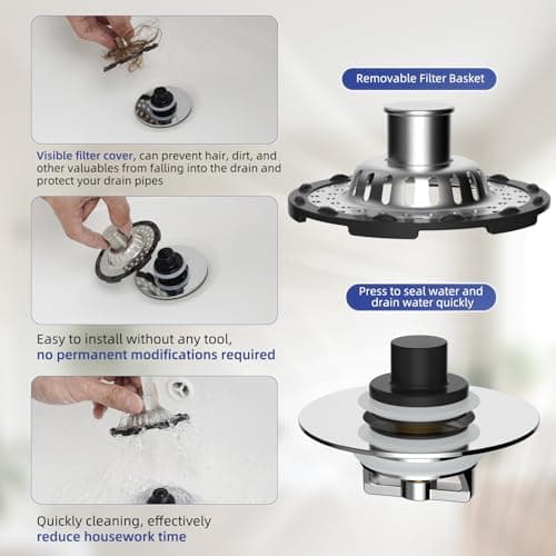 Universal Bathtub Drain Stopper with Metal Hair Catcher, 3-in-1 Pop-Up Strainer, Chrome