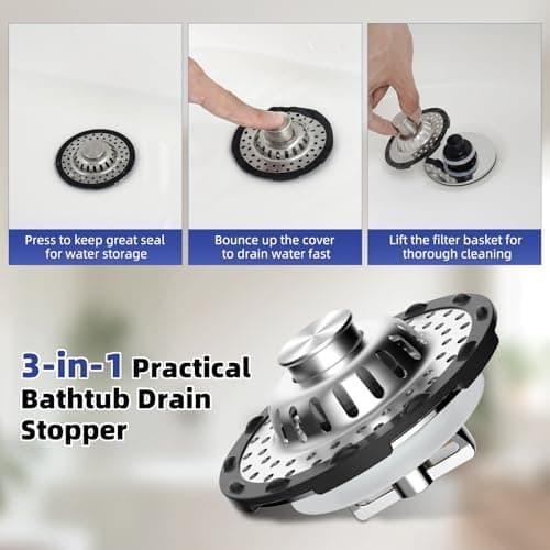 Universal Bathtub Drain Stopper with Metal Hair Catcher, 3-in-1 Pop-Up Strainer, Chrome