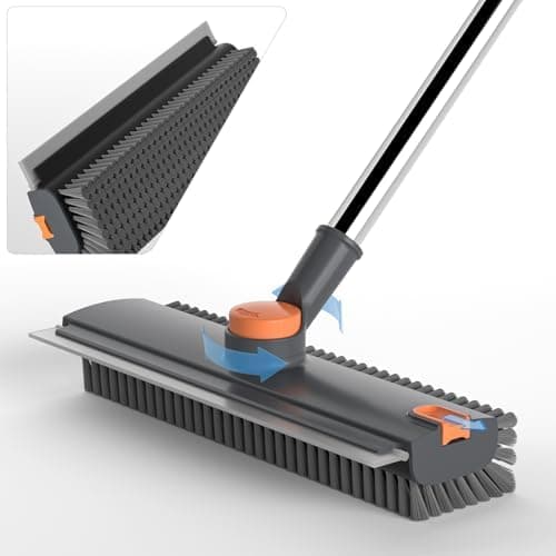 Floor Scrub Brush with Long Handle, 3-in-1 Stiff-Bristle Scrubber with Squeegee and Tweezer
