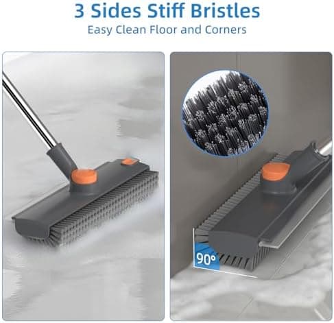 Floor Scrub Brush with Long Handle, 3-in-1 Stiff-Bristle Scrubber with Squeegee and Tweezer