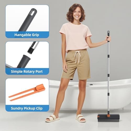 Floor Scrub Brush with Long Handle, 3-in-1 Stiff-Bristle Scrubber with Squeegee and Tweezer