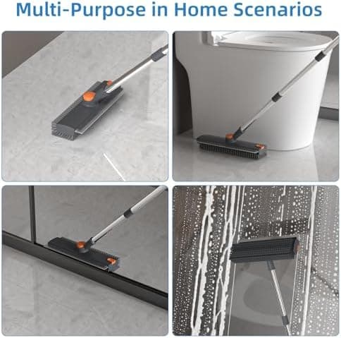 Floor Scrub Brush with Long Handle, 3-in-1 Stiff-Bristle Scrubber with Squeegee and Tweezer