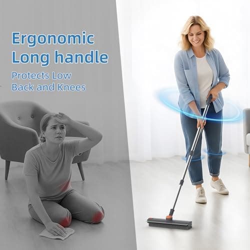 Floor Scrub Brush with Long Handle, 3-in-1 Stiff-Bristle Scrubber with Squeegee and Tweezer