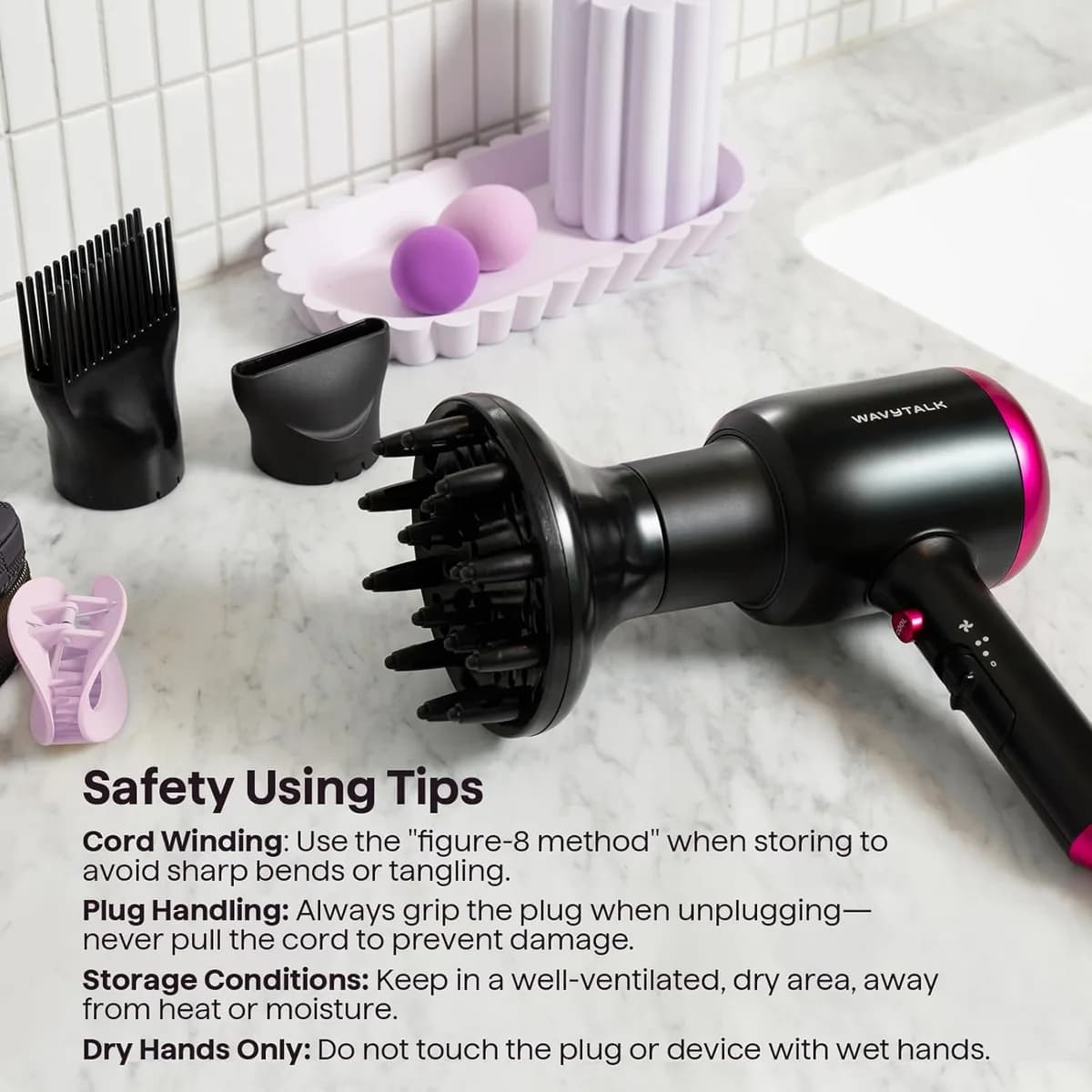 ionic hair dryer with diffuser and attachments on a bathroom counter