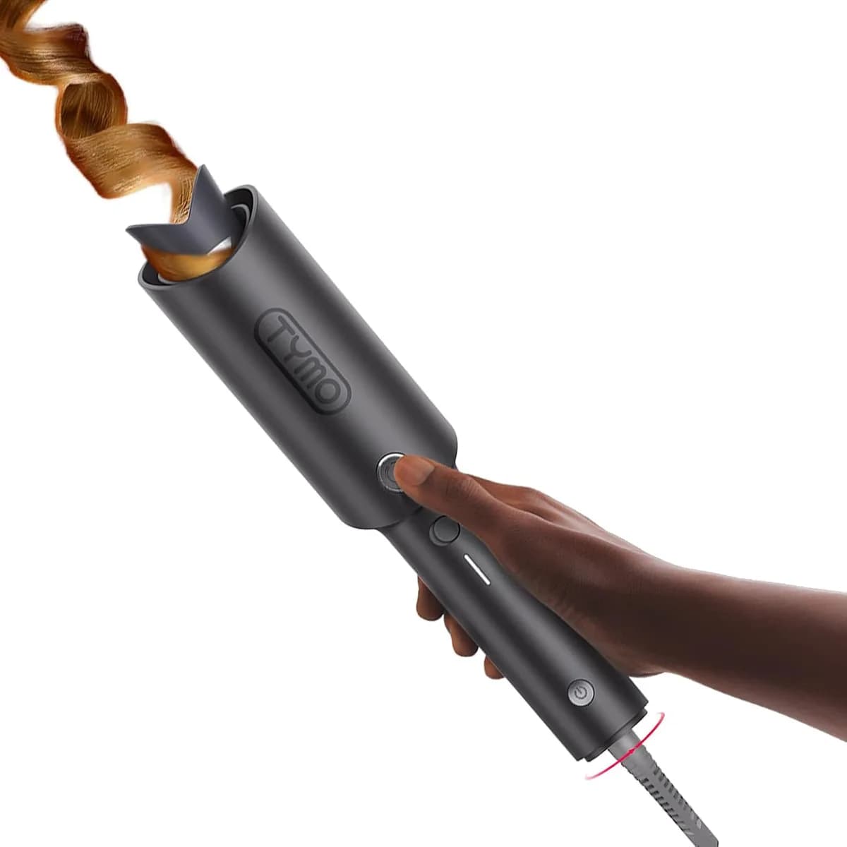 automatic rotating curling iron with 1 1/4 inch barrel in metallic gray