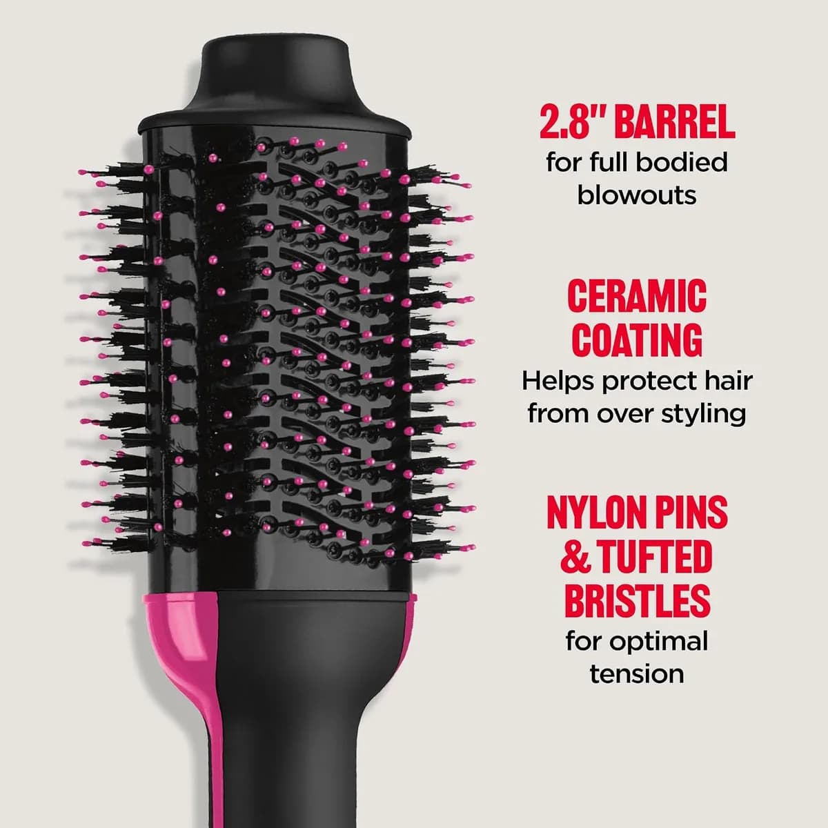 oval barrel with nylon pins and tufted bristles on the hair dryer brush