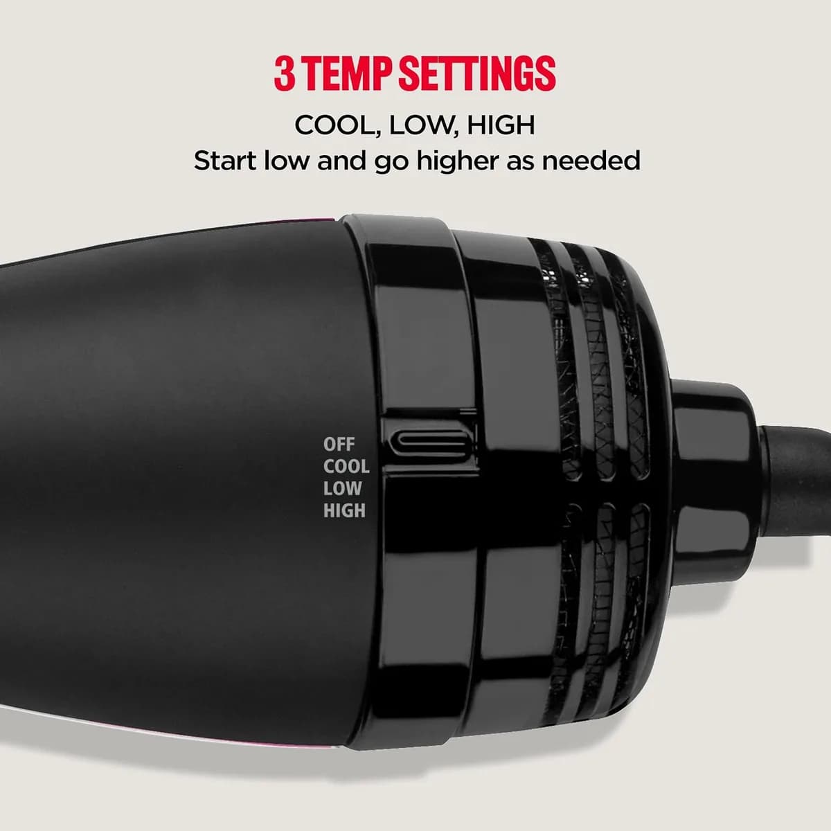 cool, low and high settings switch on the hair dryer brush