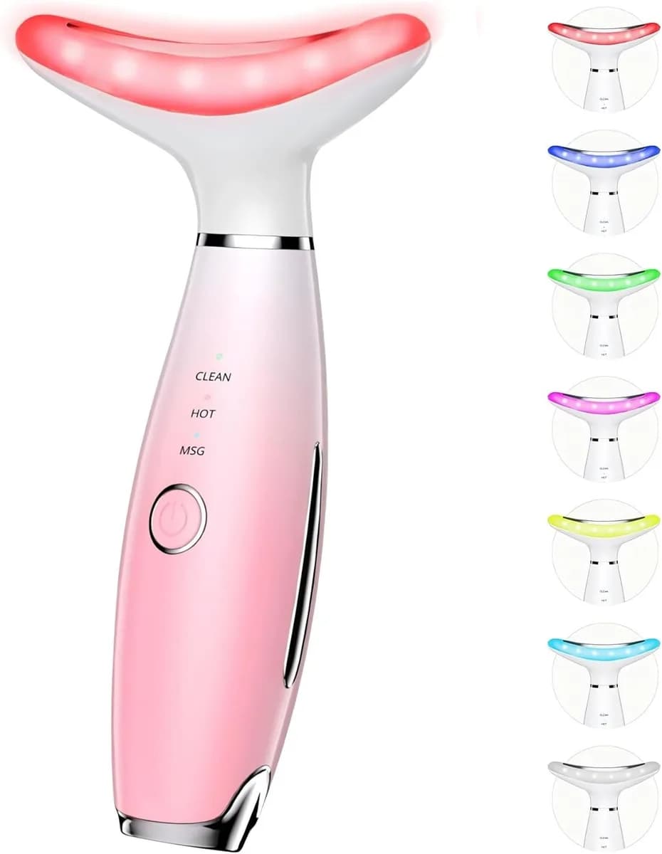 LED face and neck massager in pink with 7 light colors