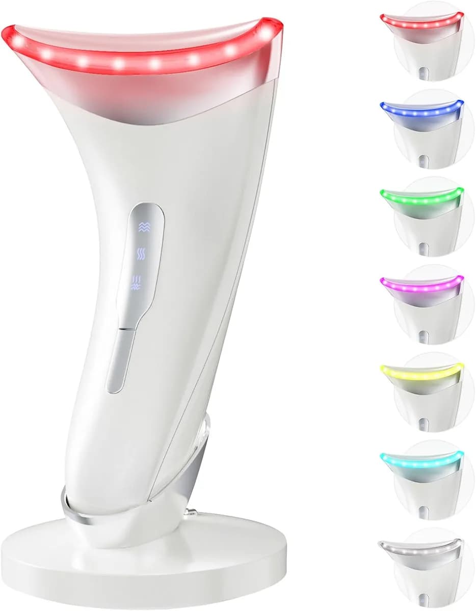 LED face and neck massager in glossy white with charging stand