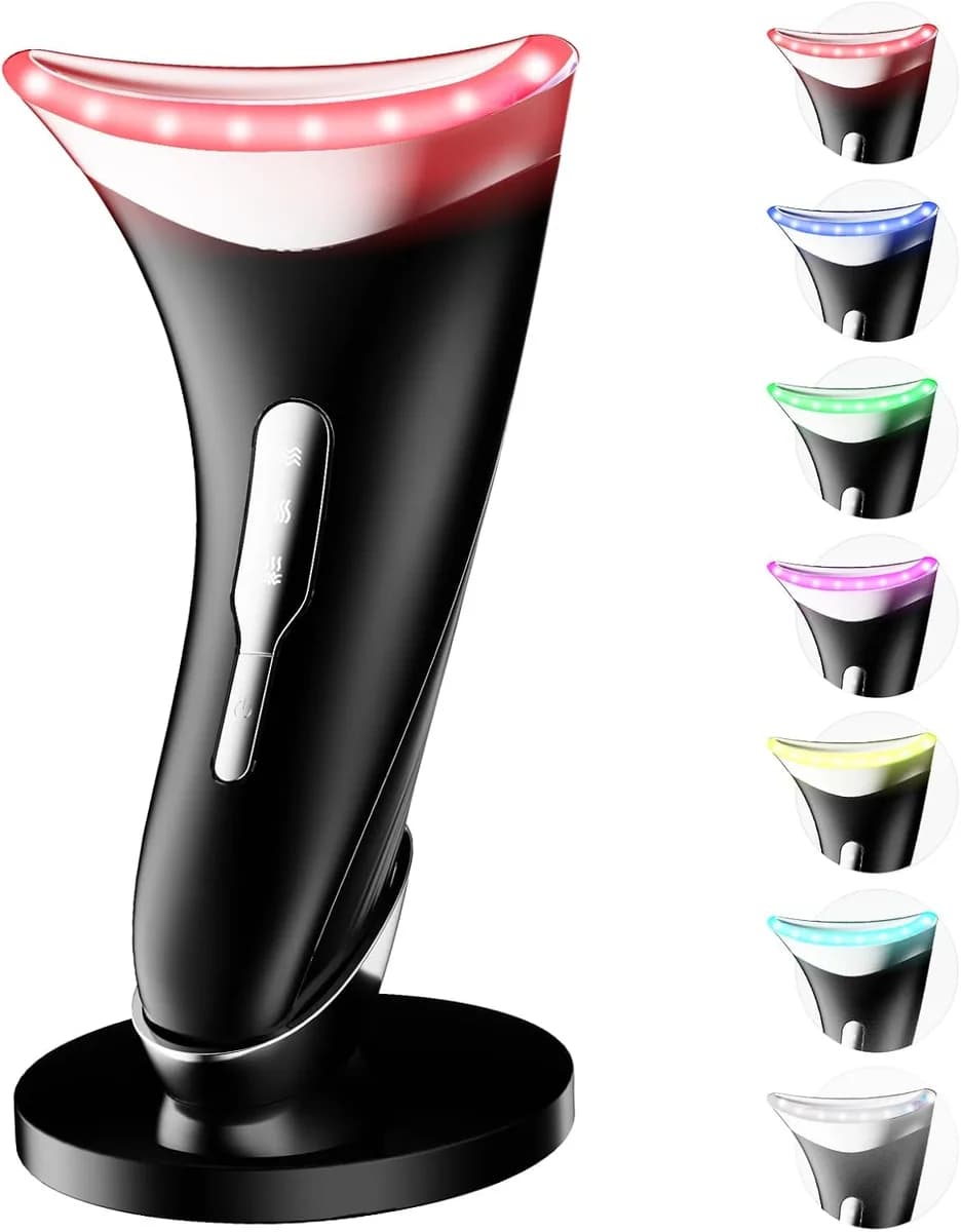 LED face and neck massager in glossy black with charging stand