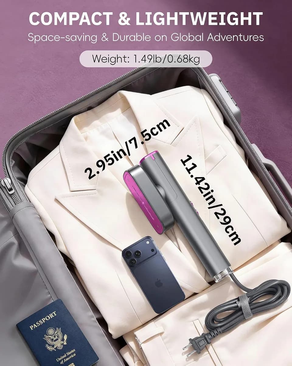 compact travel steamer for clothes packed in a suitcase