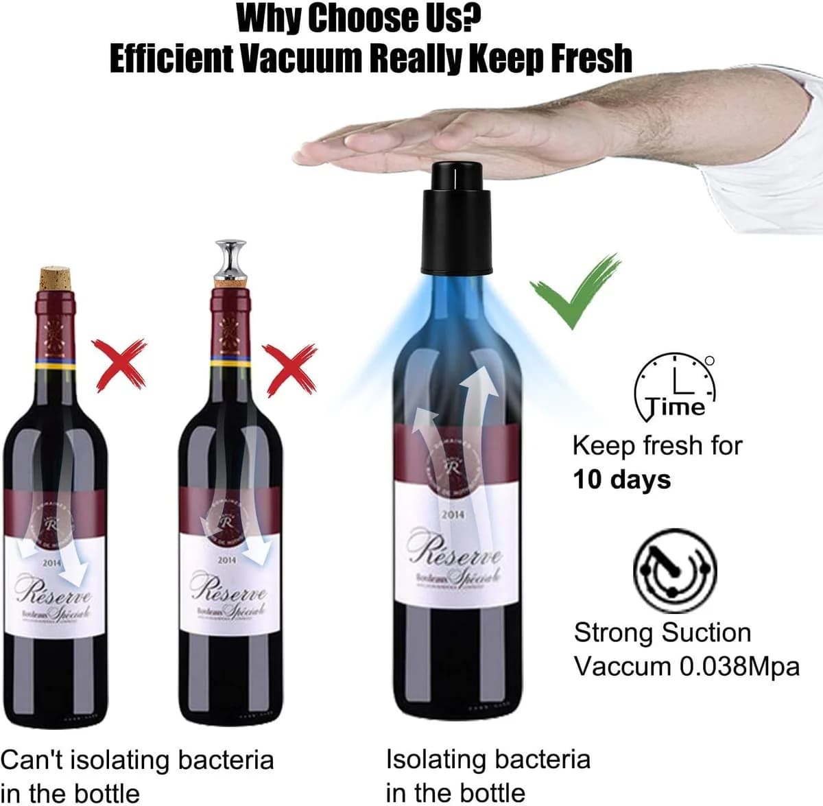 vacuum wine bottle stopper compared with a standard cork