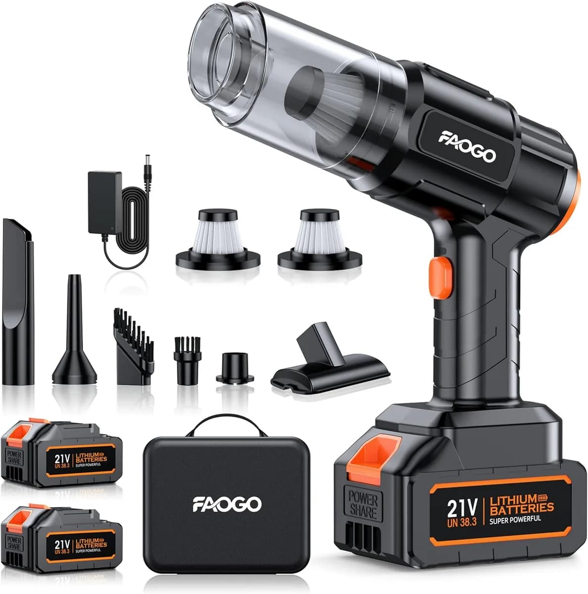 cordless handheld vacuum with 2 batteries, charger, nozzles and case
