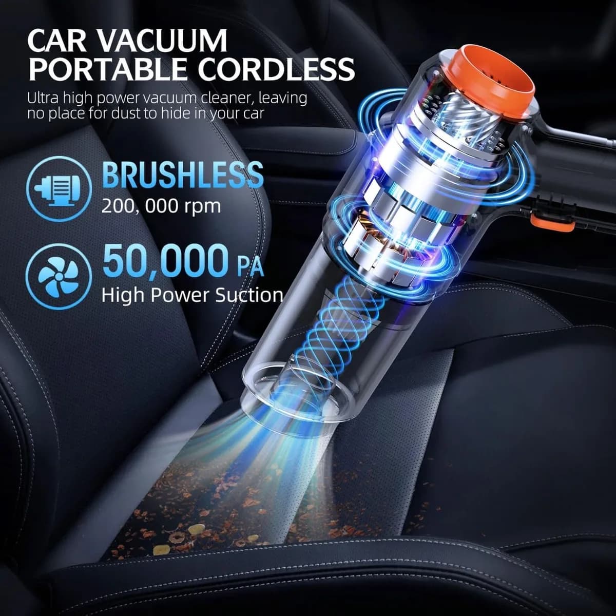 cordless handheld vacuum cleaning a car seat