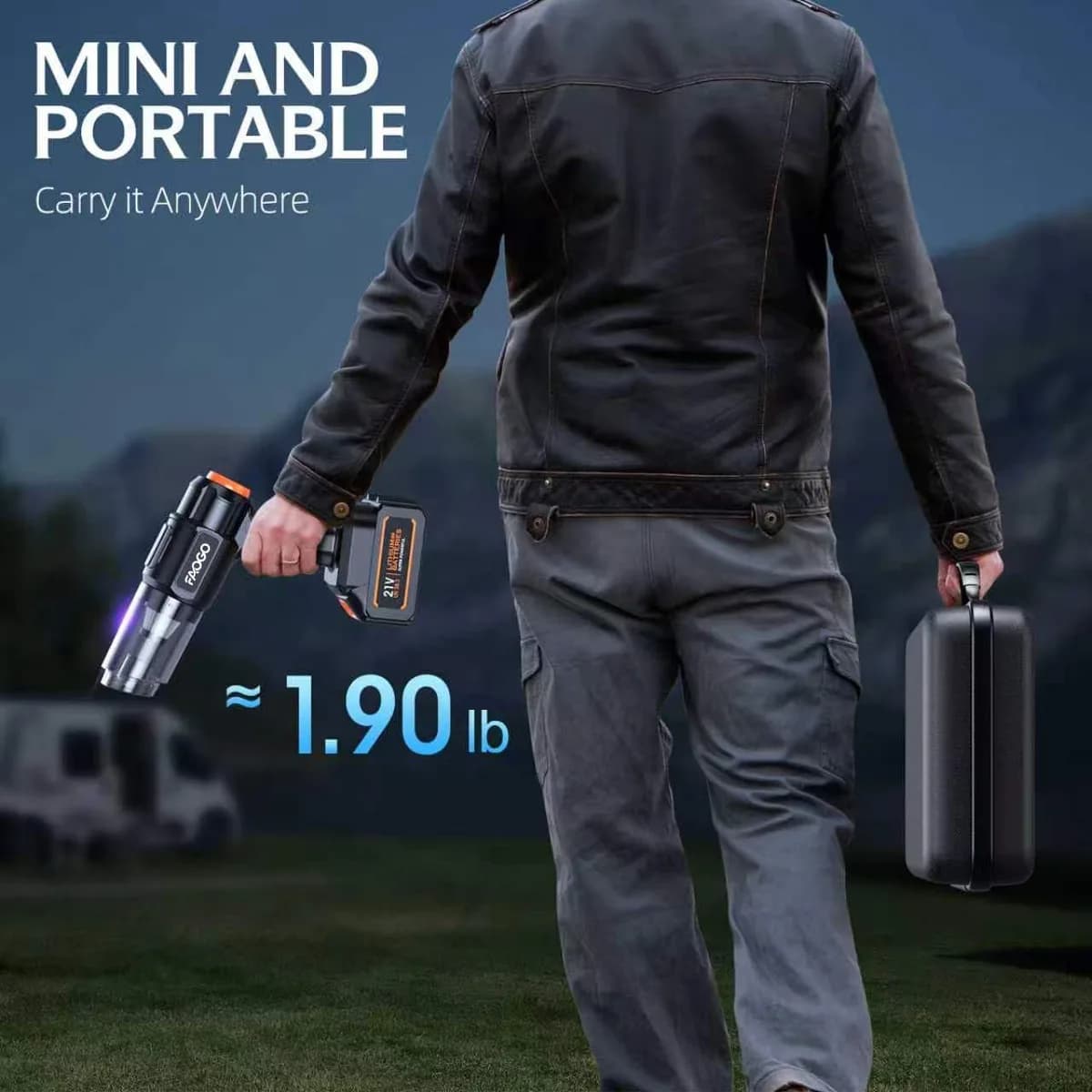 man carrying the lightweight cordless handheld vacuum and case