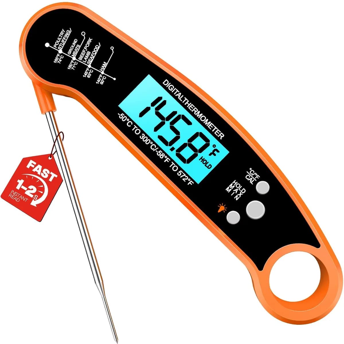 instant read meat thermometer in orange