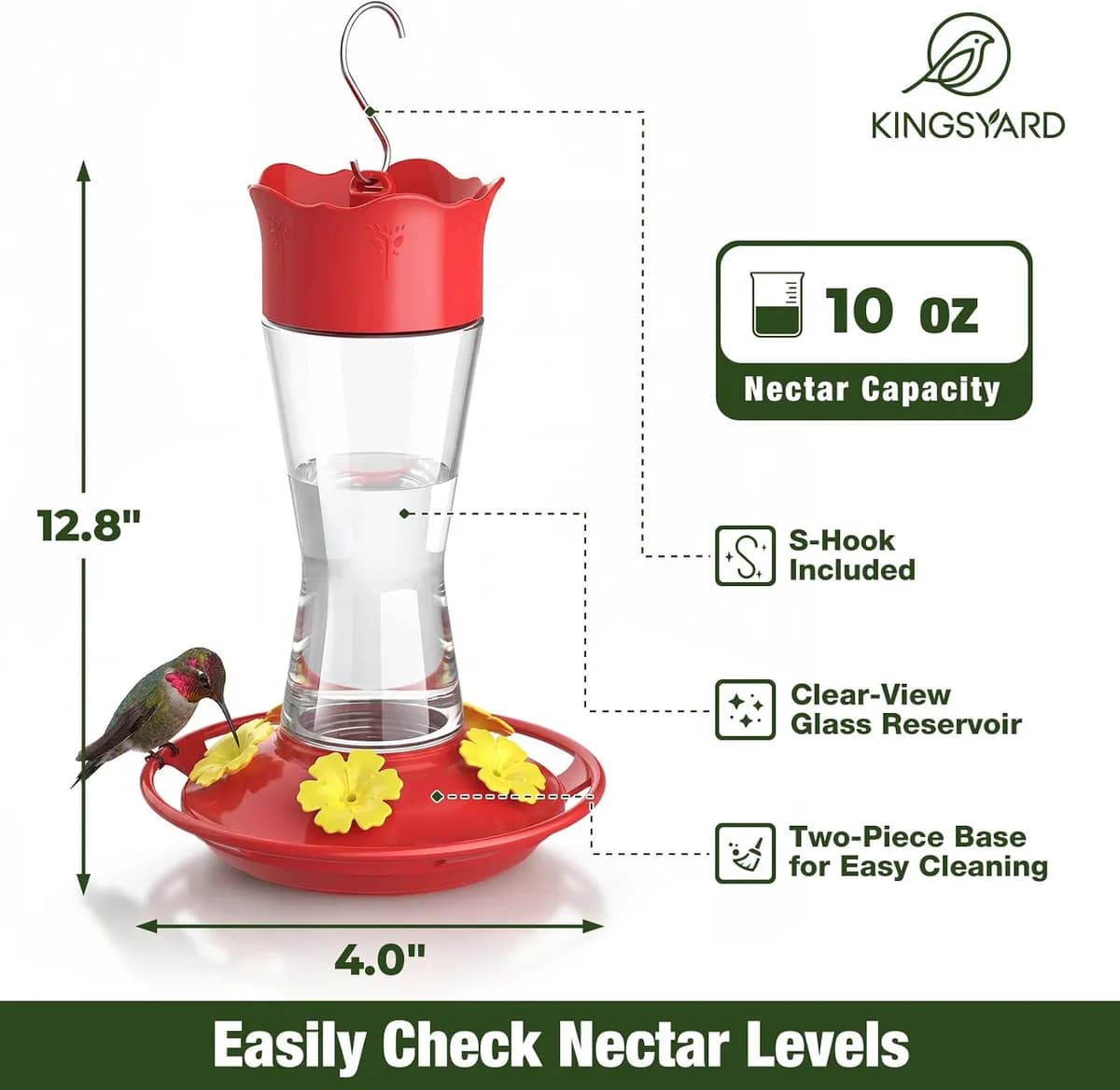 glass hummingbird feeder size and 10 oz capacity