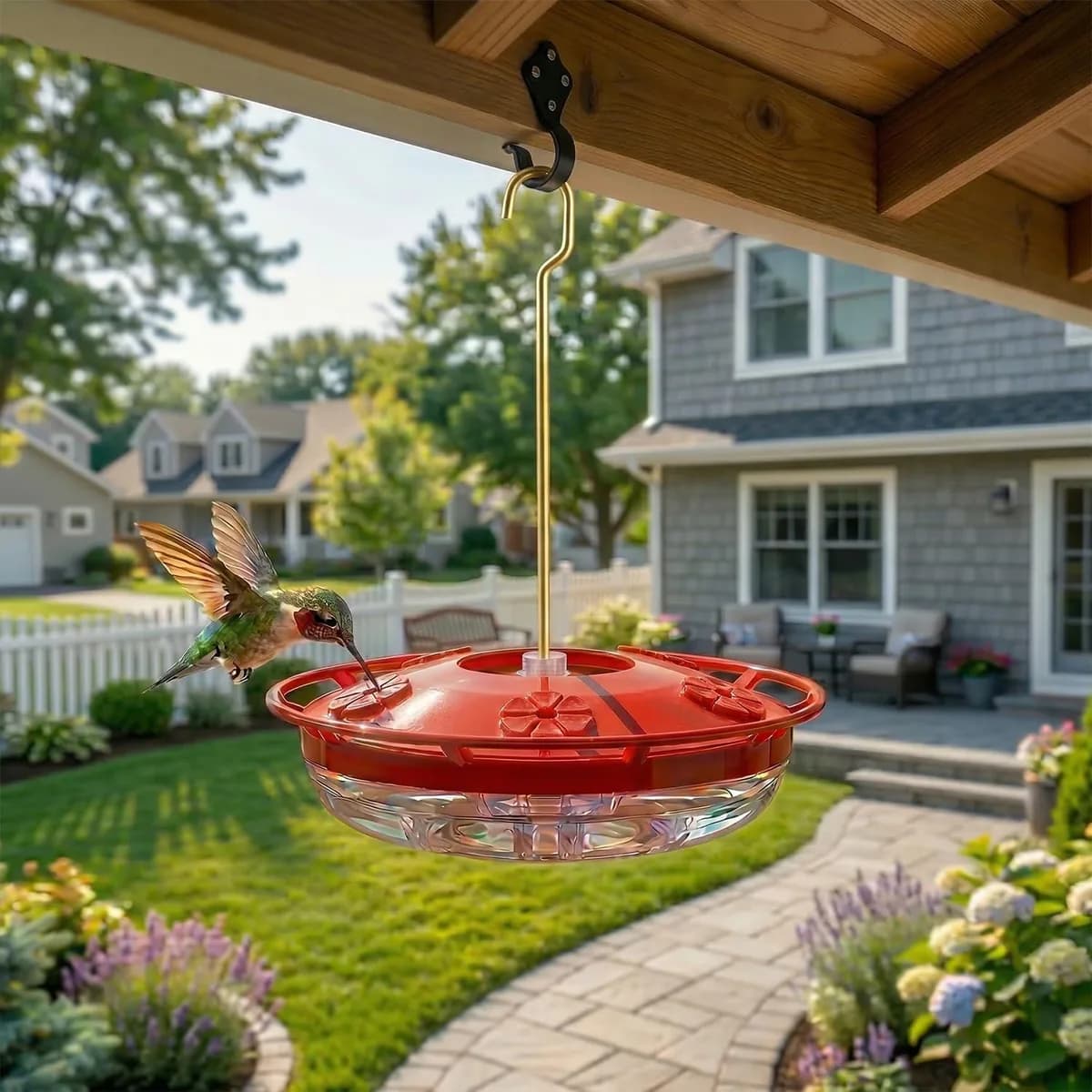 saucer hummingbird feeder hanging on a porch