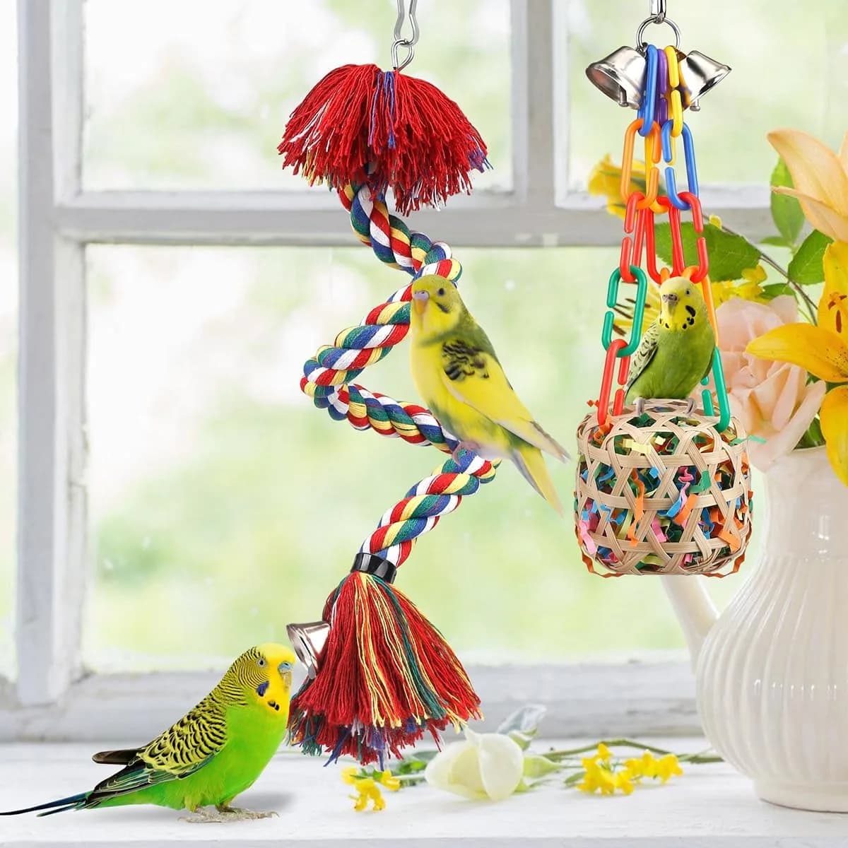 cockatiel playing on the rope perch from the bird toys set, gallery view 3
