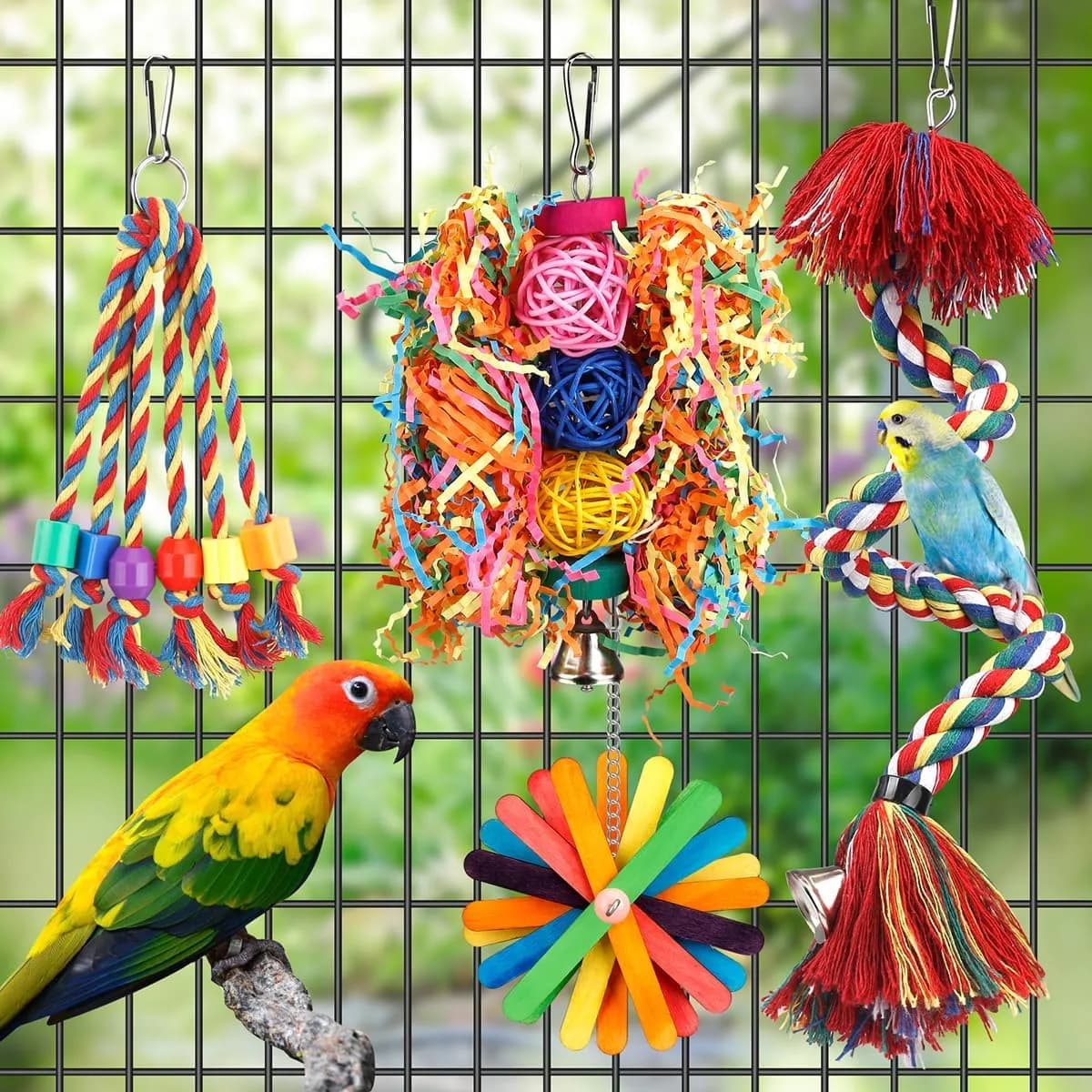 parrots foraging in the bird toys set basket, gallery view 4