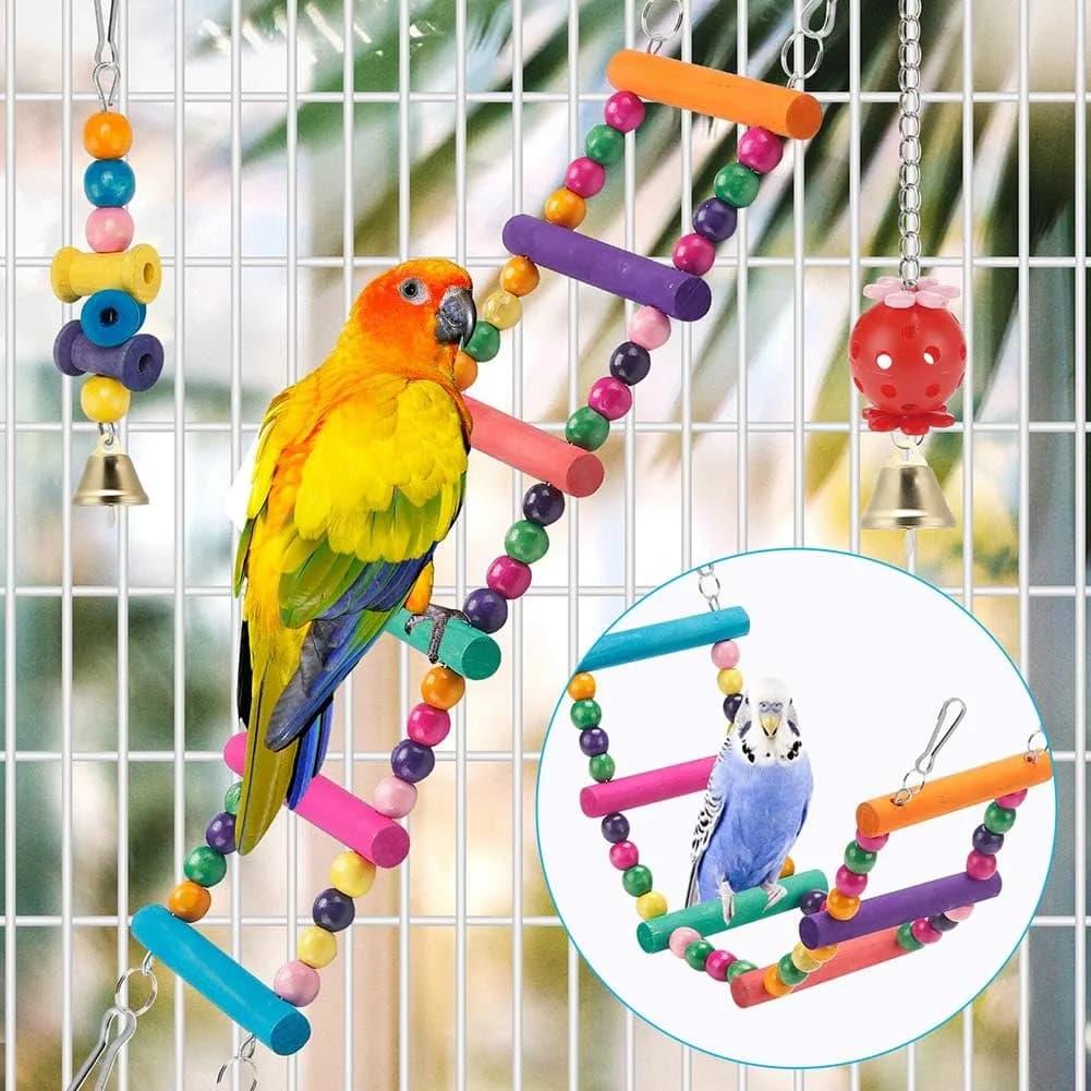 parakeet climbing the wooden ladder from the parakeet toys set, gallery view 3