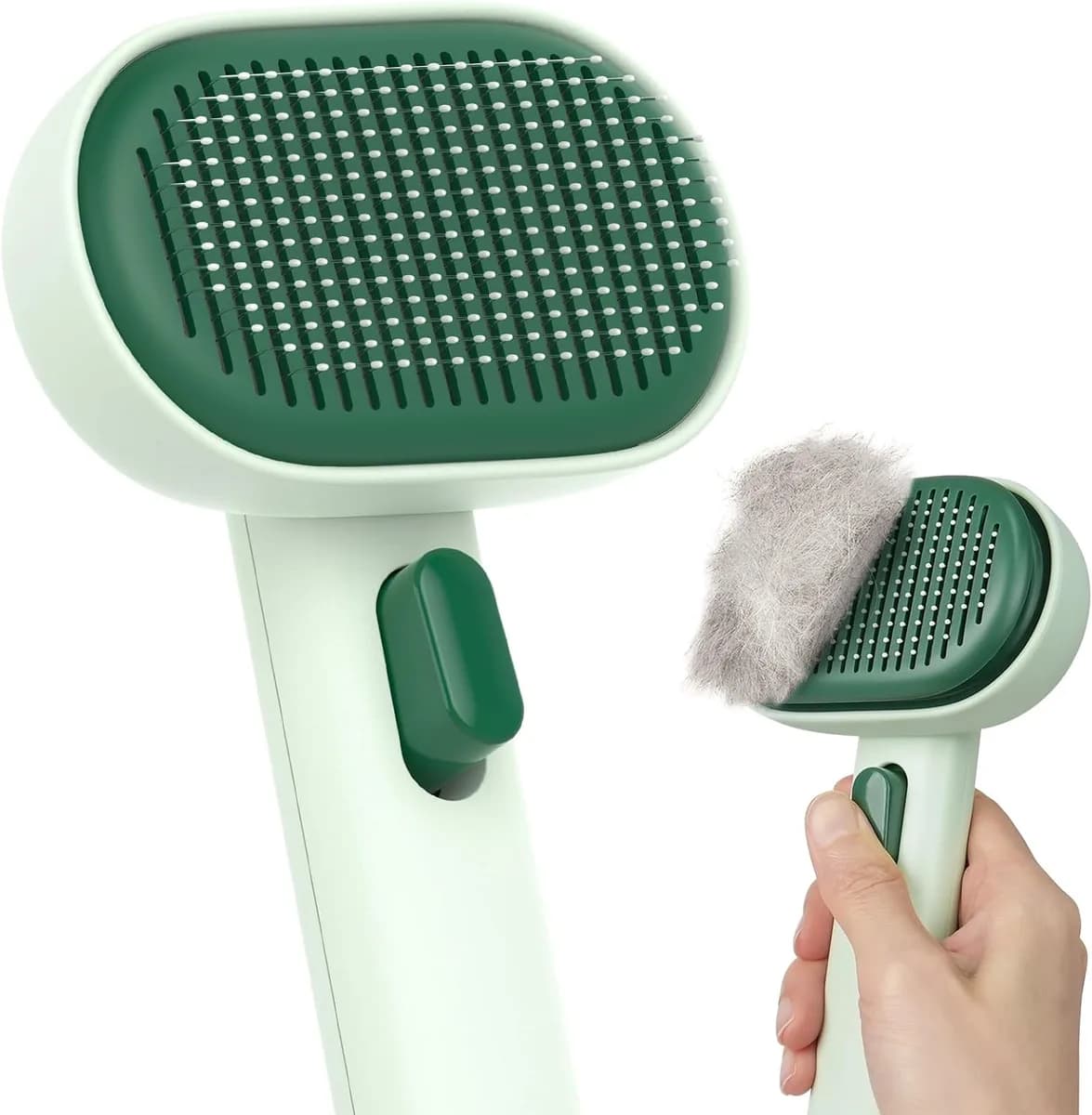 self-cleaning cat brush in forest green