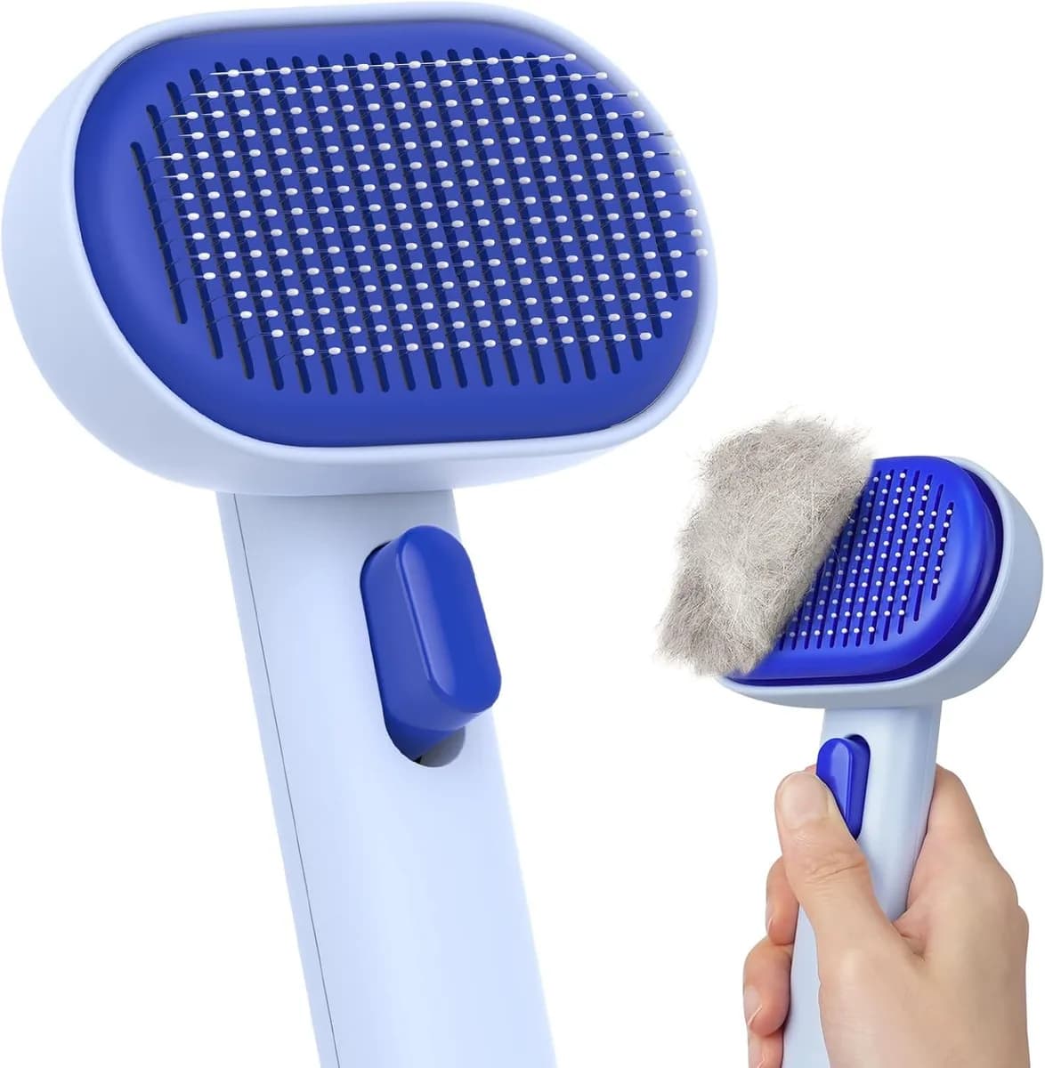 self-cleaning cat brush in blue