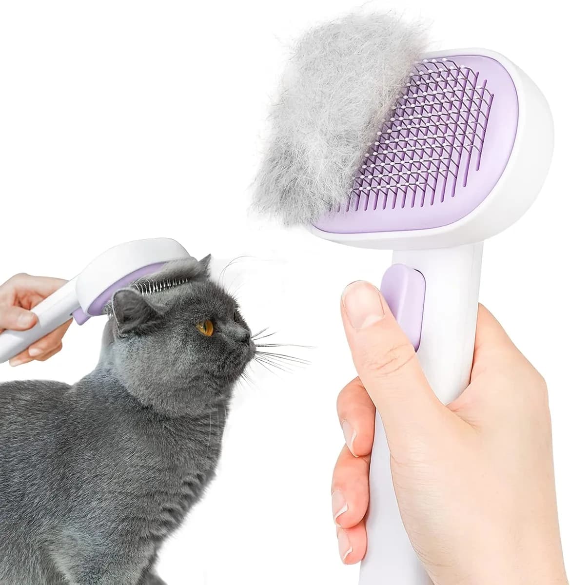 self-cleaning cat brush in purple