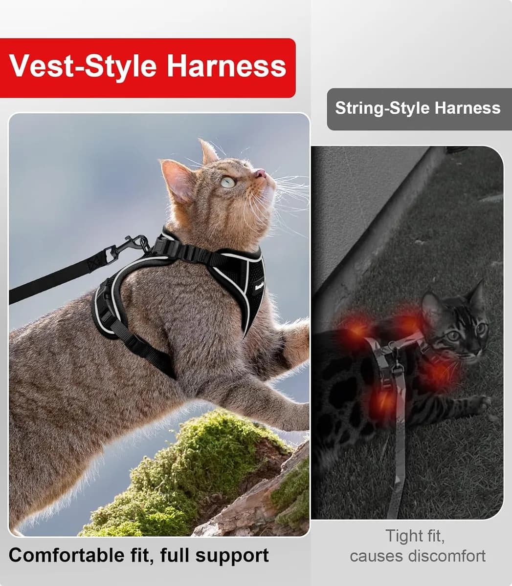 escape-proof cat harness vest style compared with a strap harness