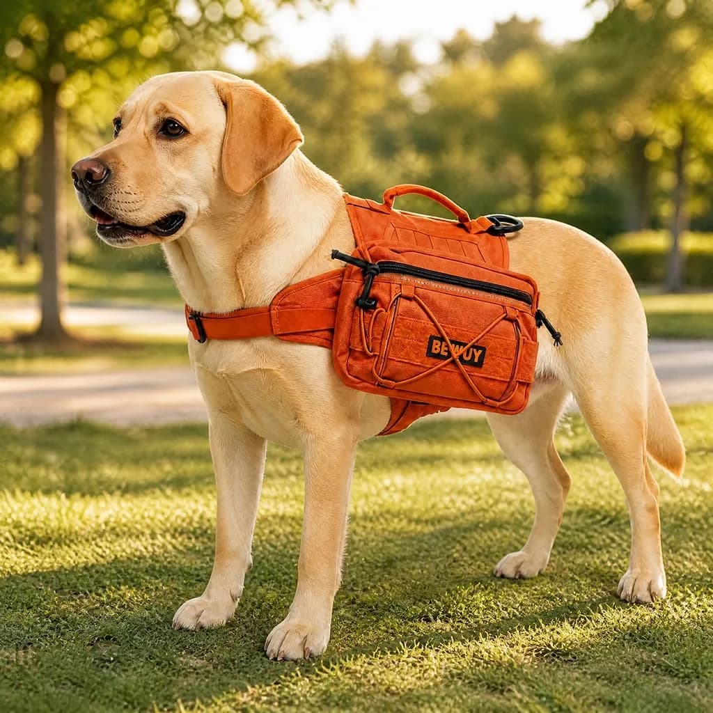 golden retriever wearing the tactical dog backpack harness