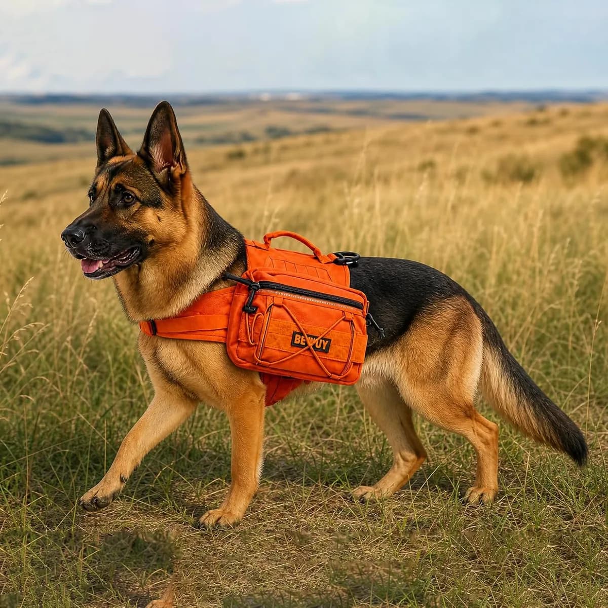 german shepherd wearing the tactical dog backpack harness
