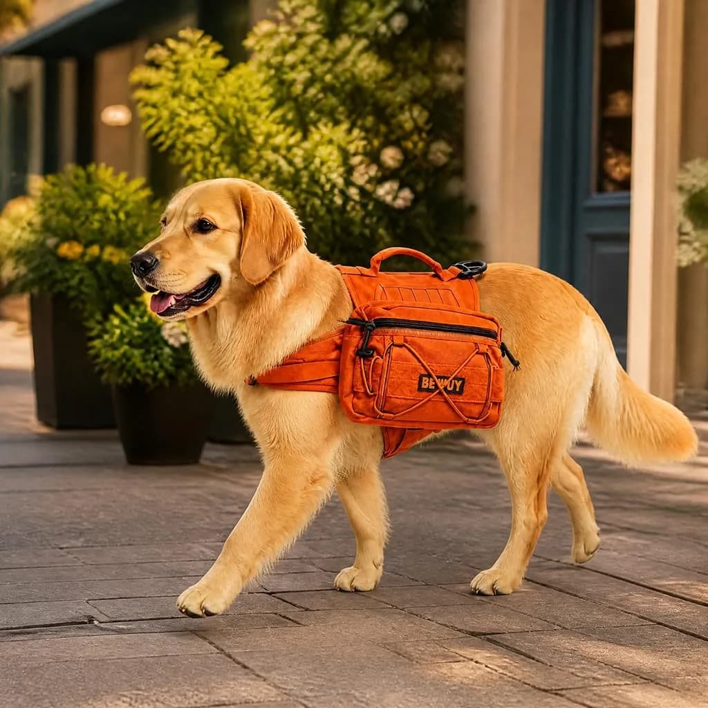 dog walking in the tactical dog backpack harness