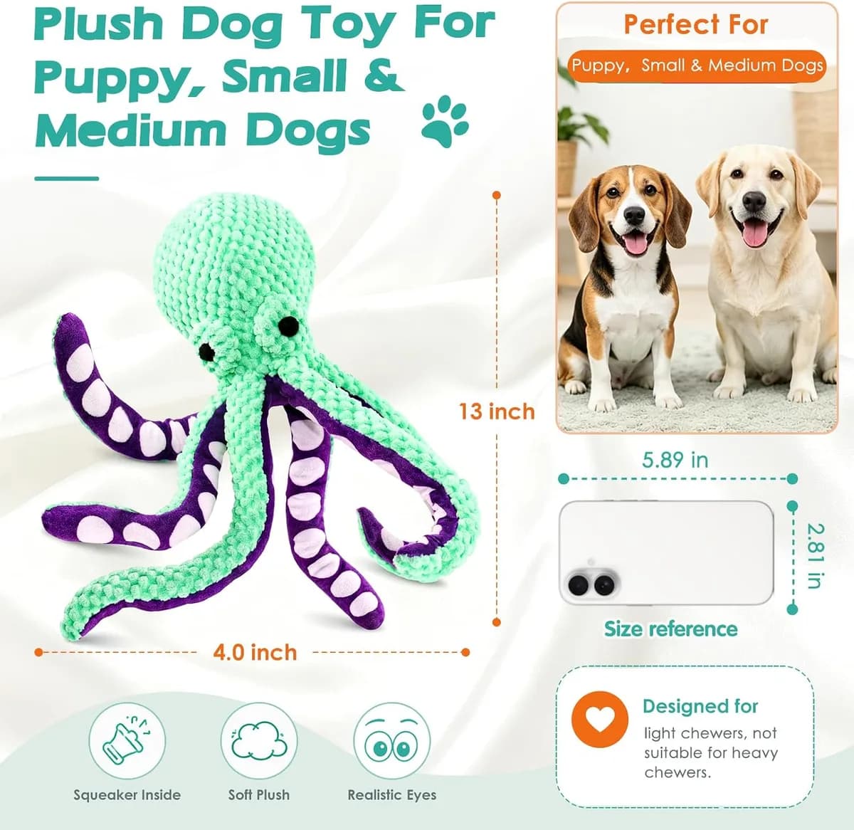 size of the squeaky octopus plush dog toy