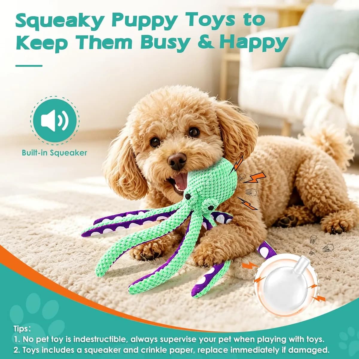 dog playing with the squeaky octopus plush dog toy, gallery view 3