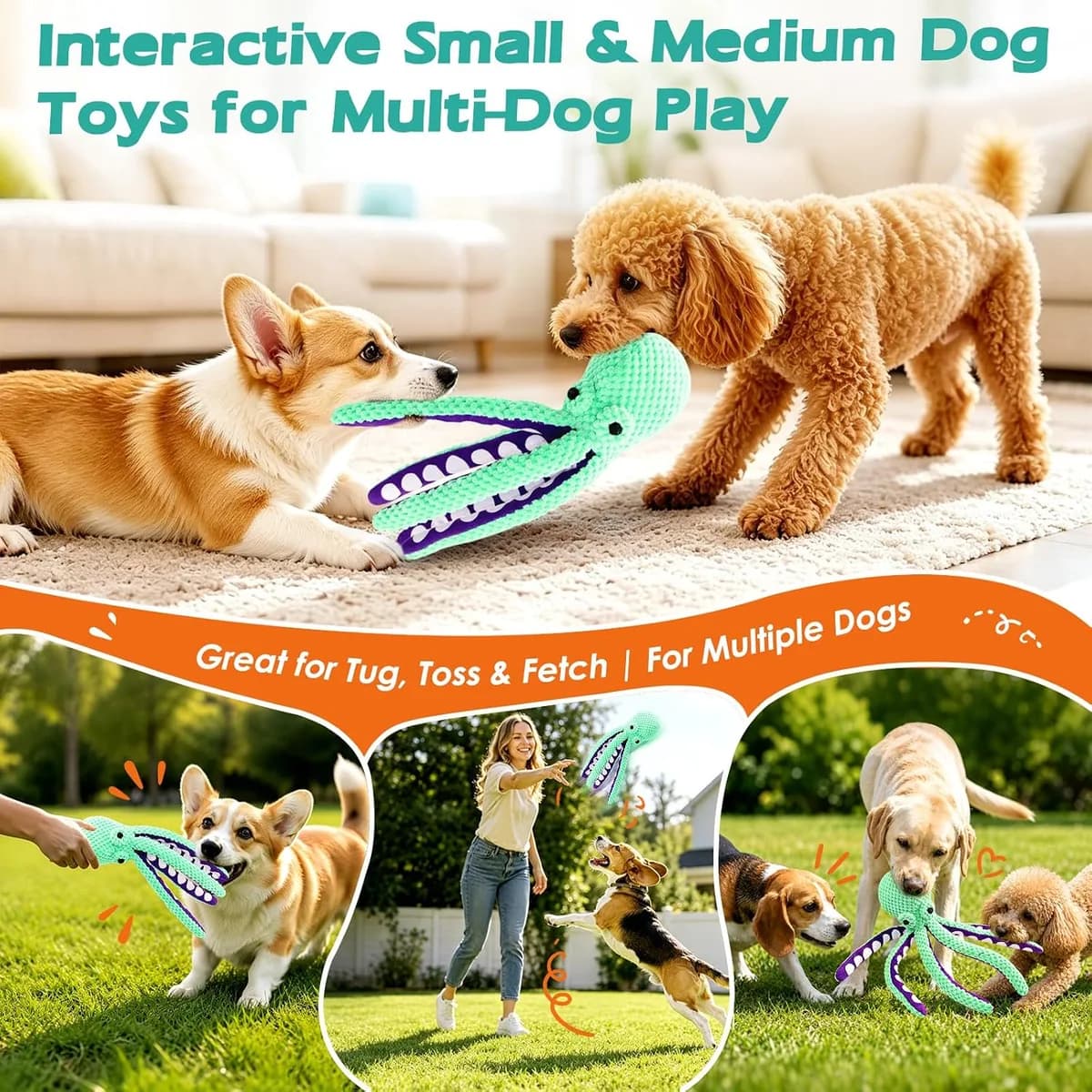 two dogs tugging the squeaky octopus plush dog toy, gallery view 5
