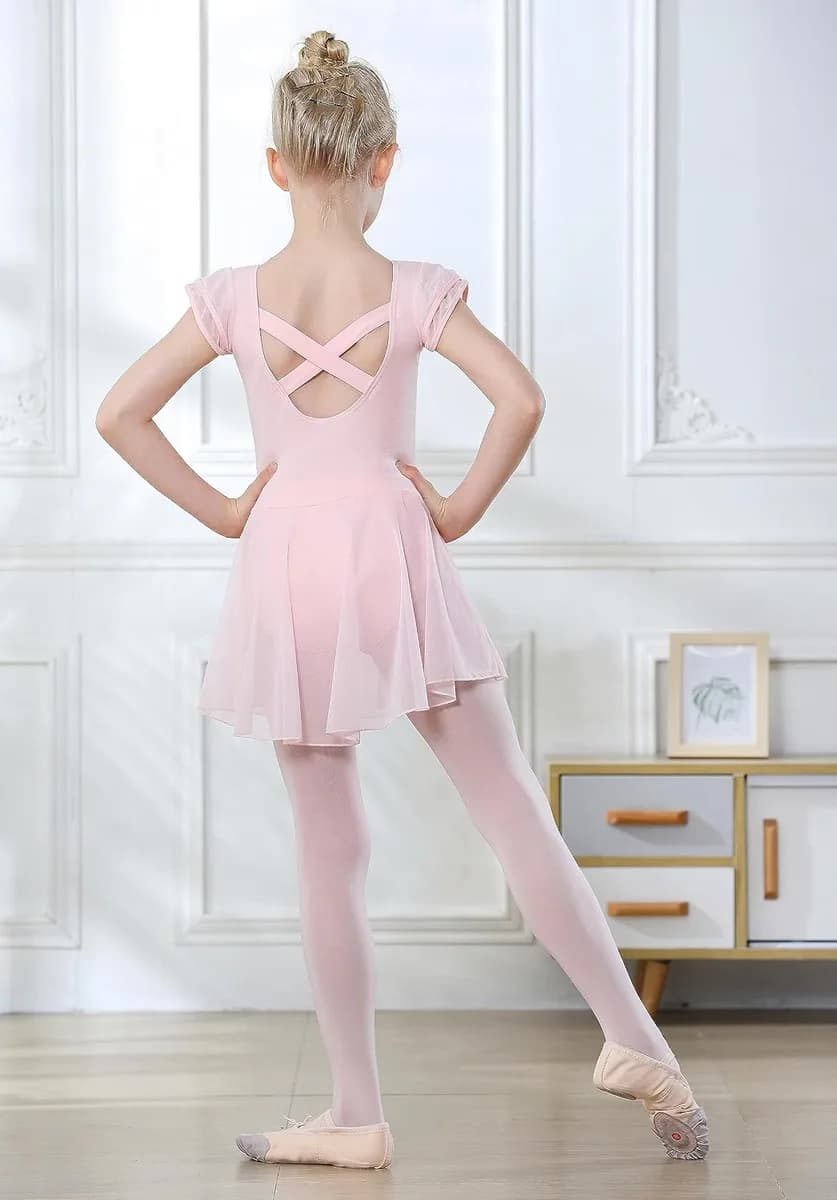 girl in a pink ballet leotard with skirt