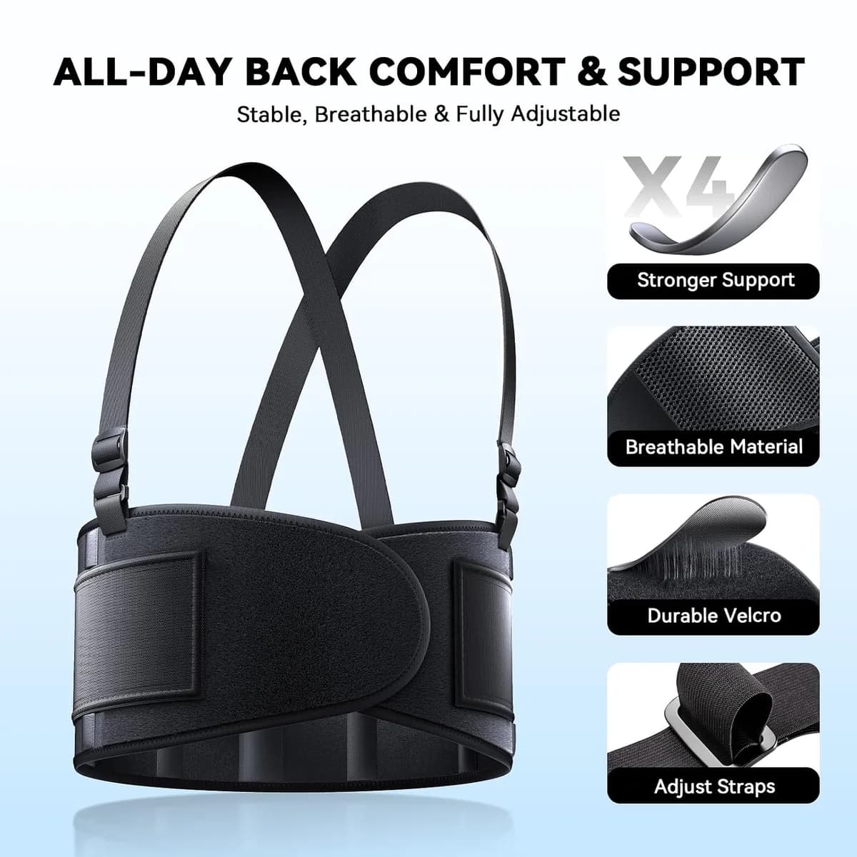 work back brace with suspenders and support stays