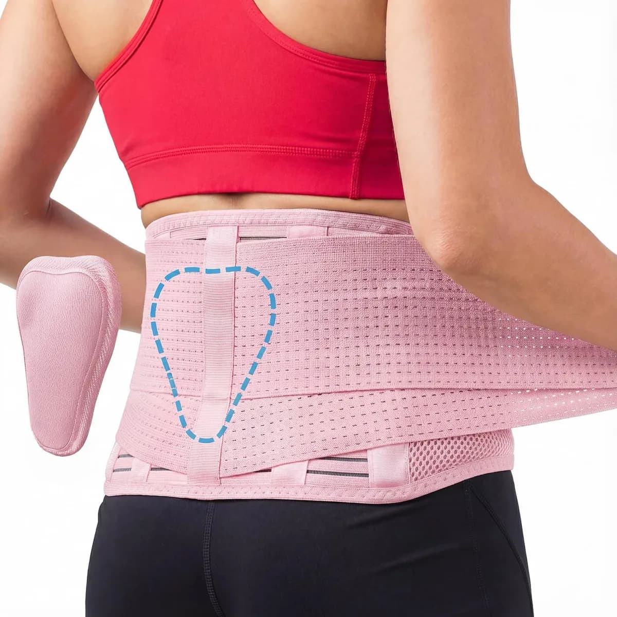 lower back brace with lumbar pad in flamingo pink