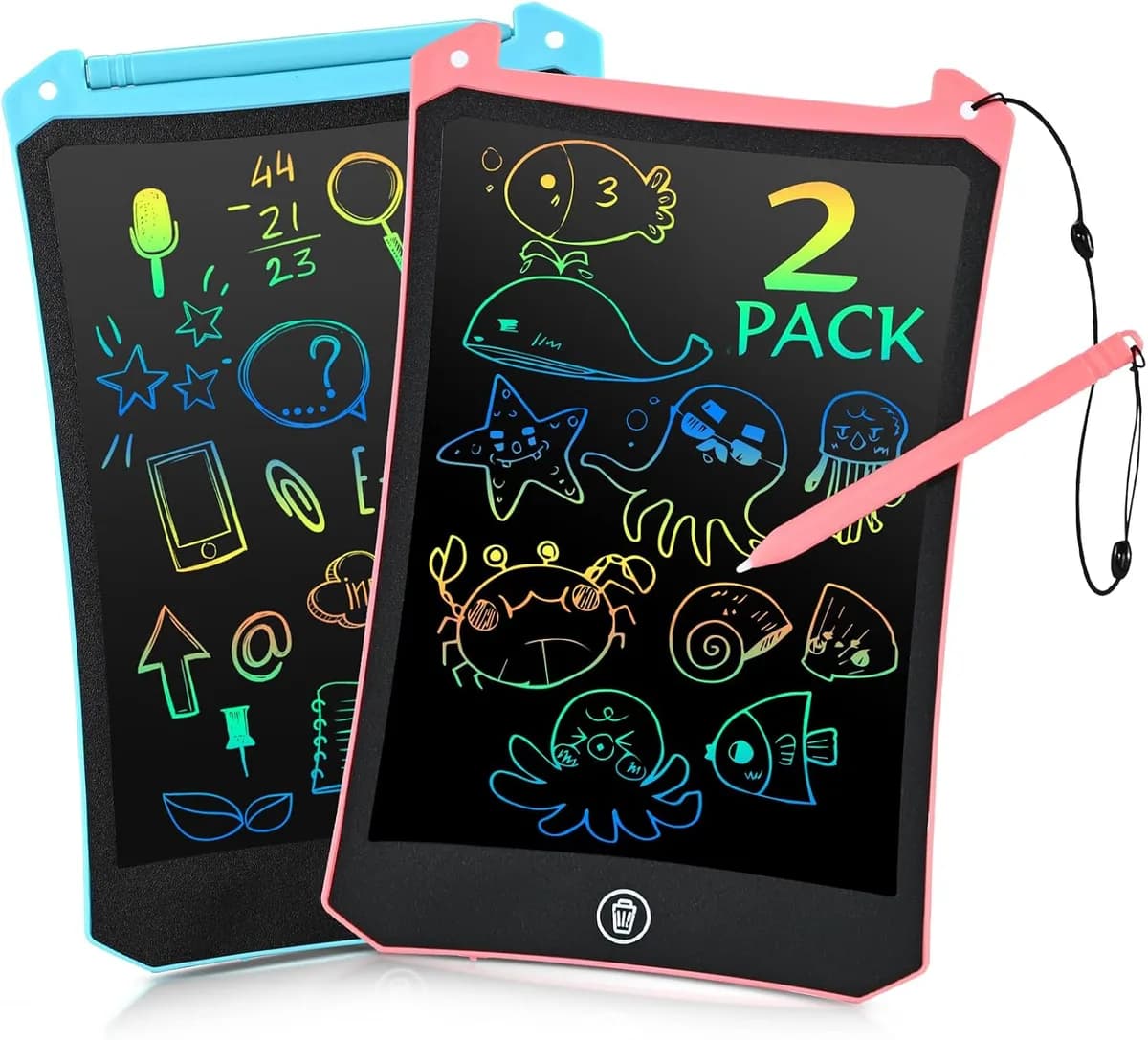 two colorful LCD writing tablets for kids