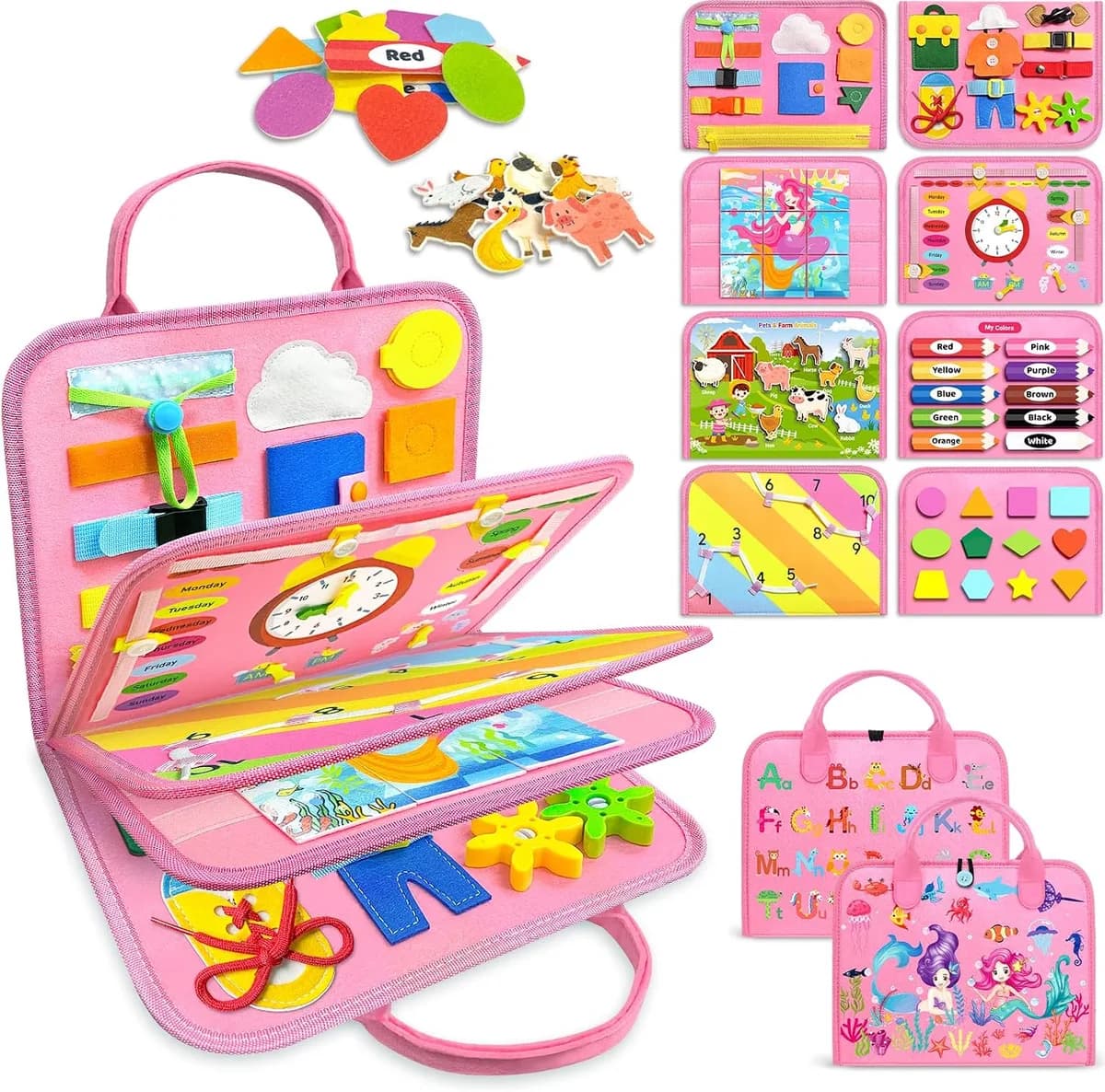 Montessori busy board for toddlers in pink, 8 pages