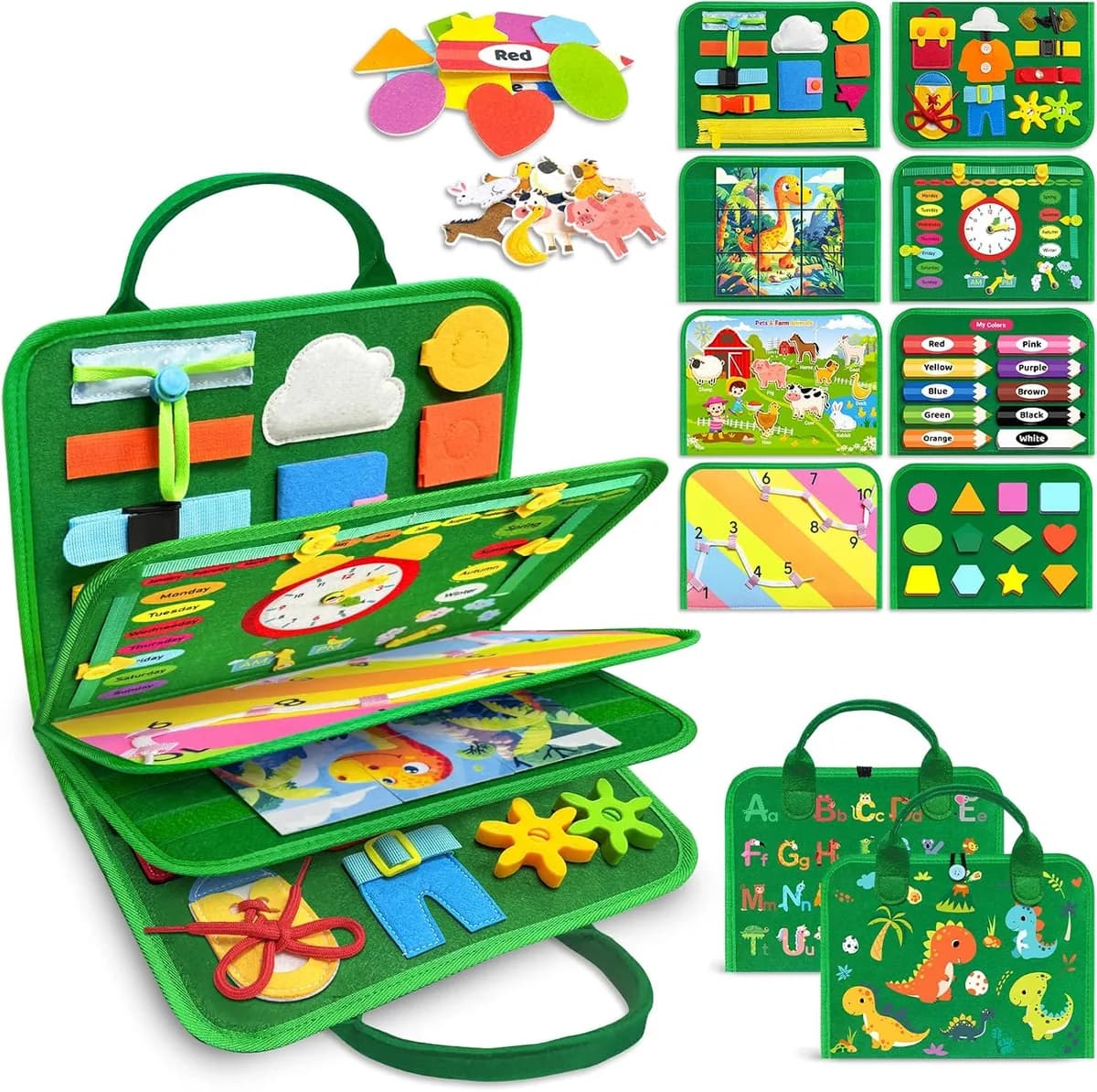 Montessori busy board for toddlers in green, 8 pages