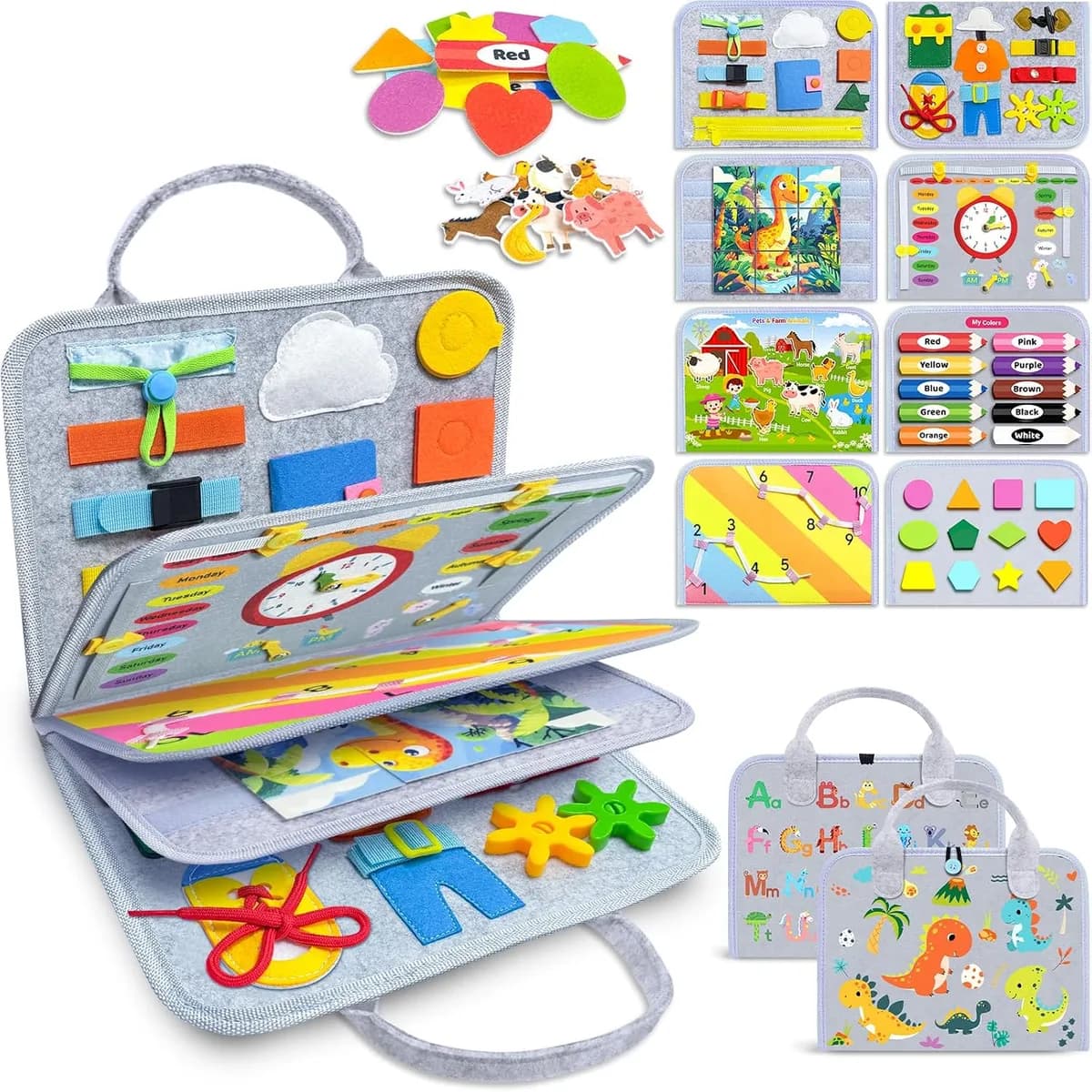 Montessori busy board for toddlers in grey, 8 pages