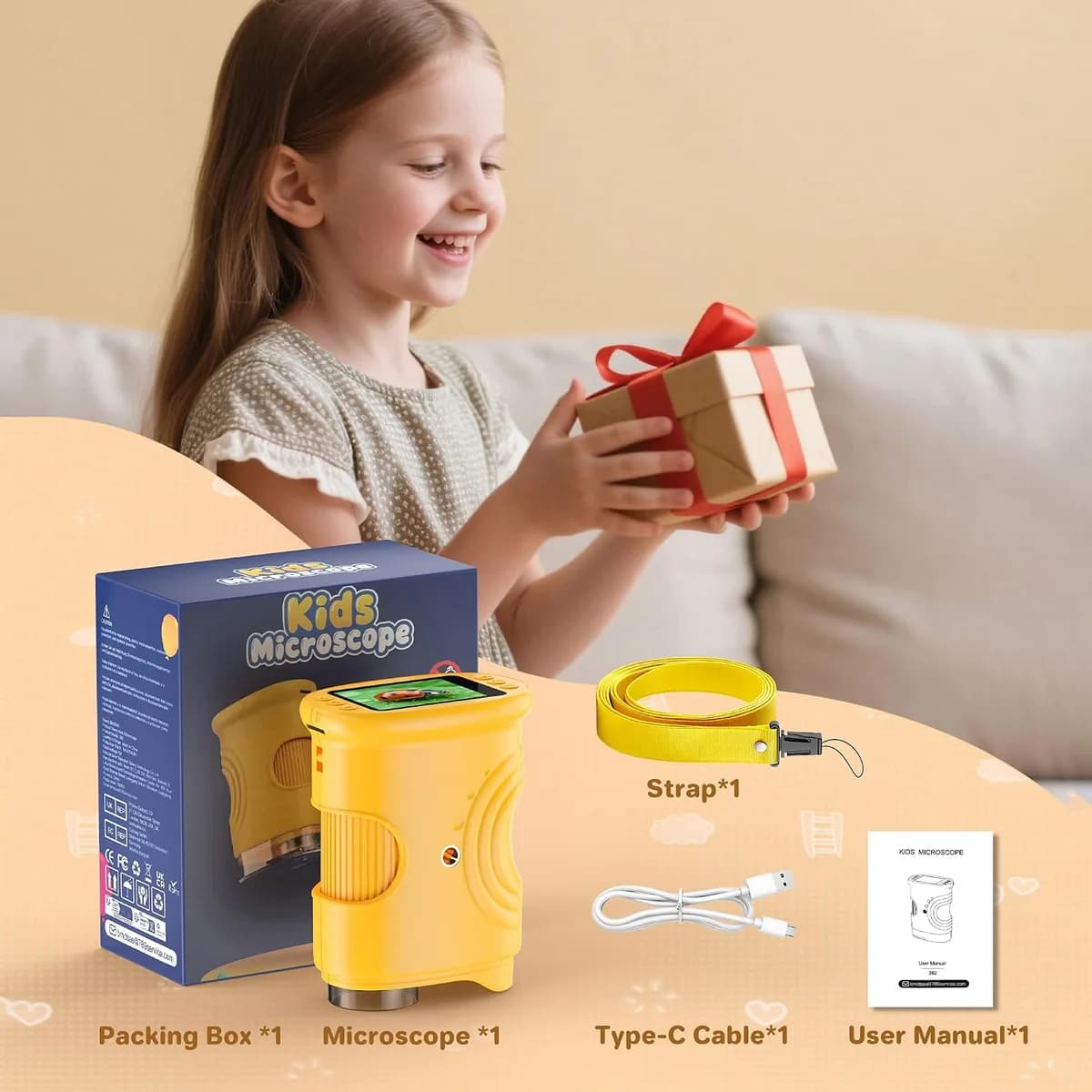 girl unboxing a handheld digital microscope for kids