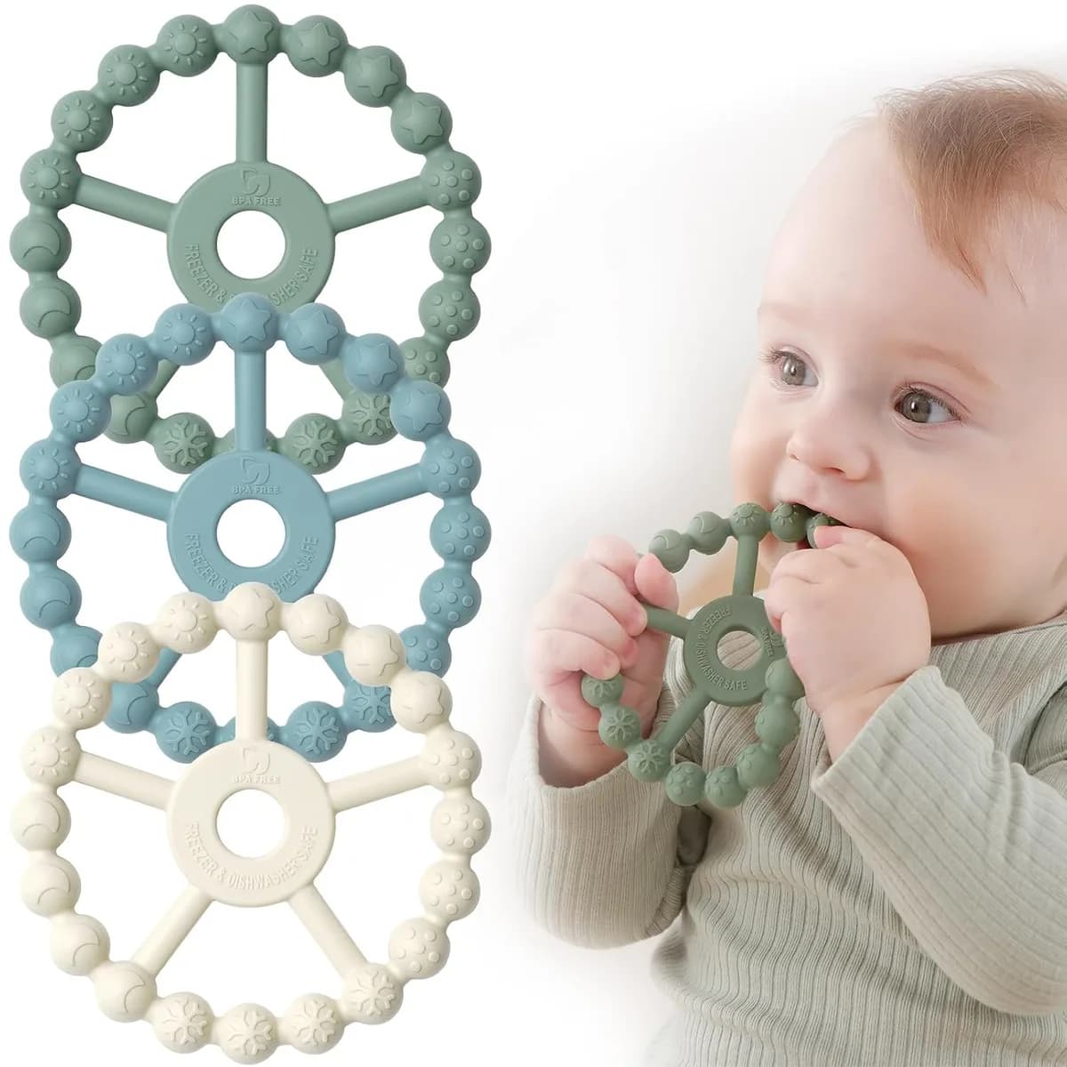 silicone ring teether in green, blue and white