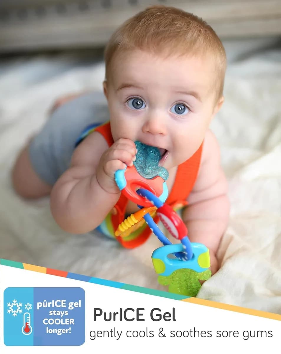 baby holding cooling gel teether keys